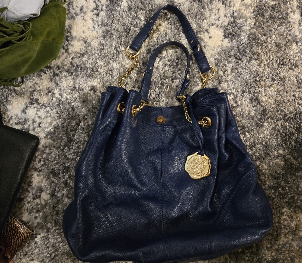 Vince Camuto Navy Blue Shoulder Bag with Gold Accents